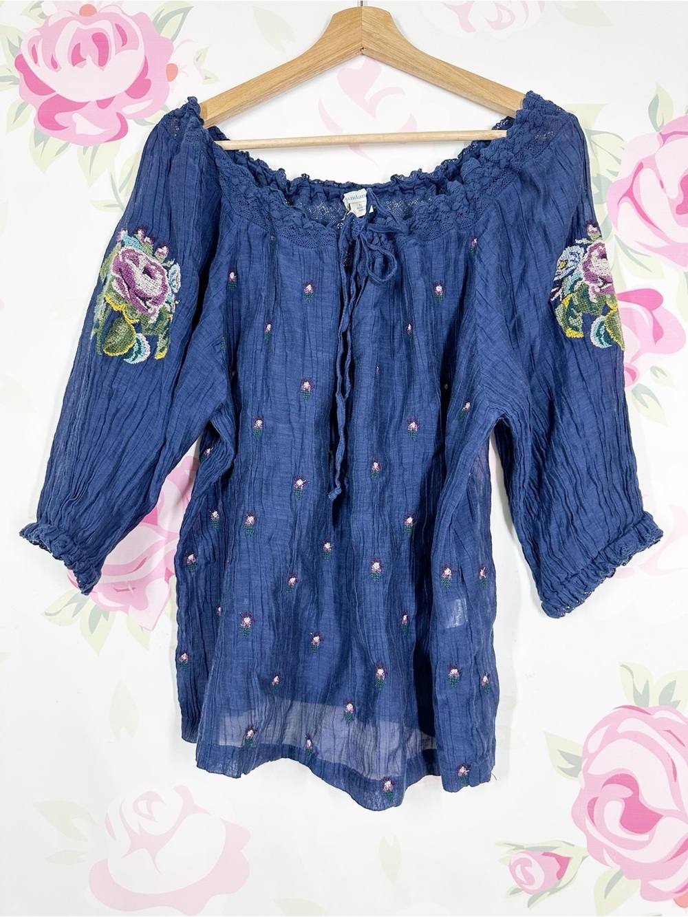 Sundance Navy Embroidered Peasant Floral Sleeve Silk Cotton Blend Blouse Top L - Picture 1 of 7
